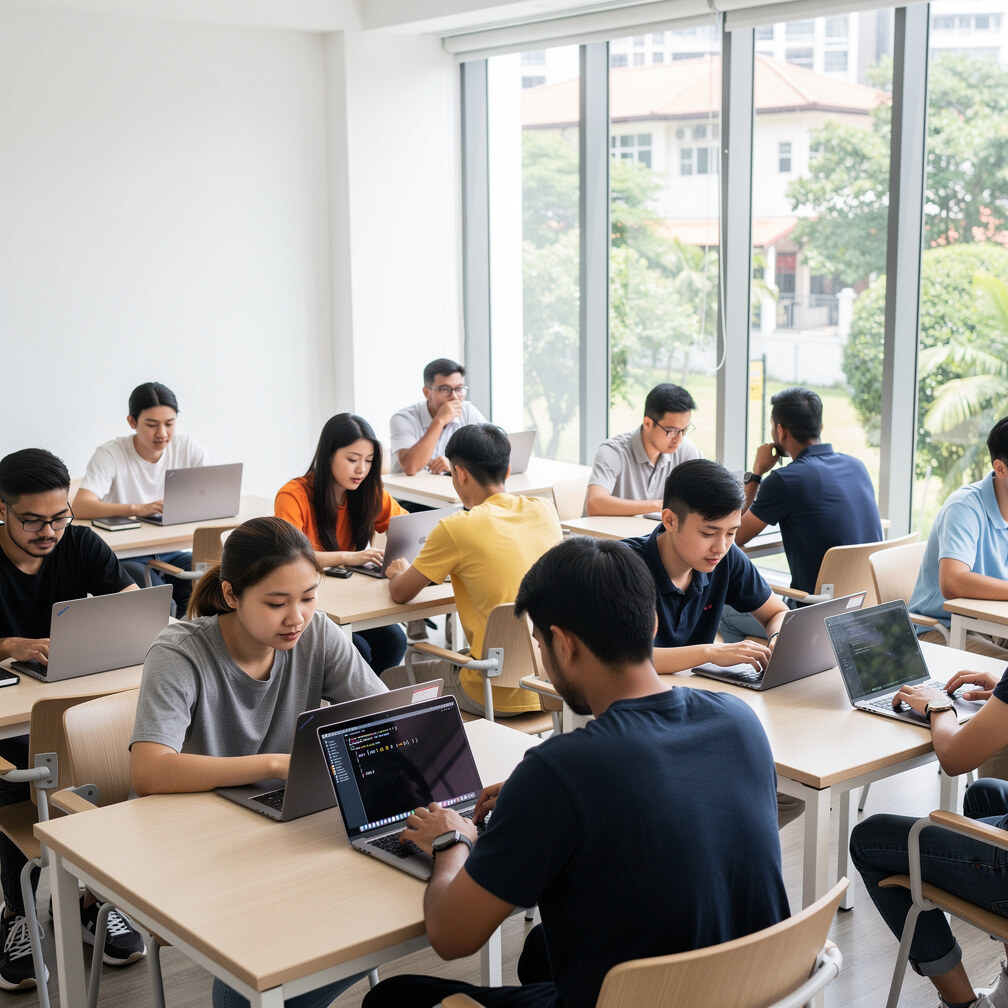 Diverse students coding together on laptops in a bright classroom