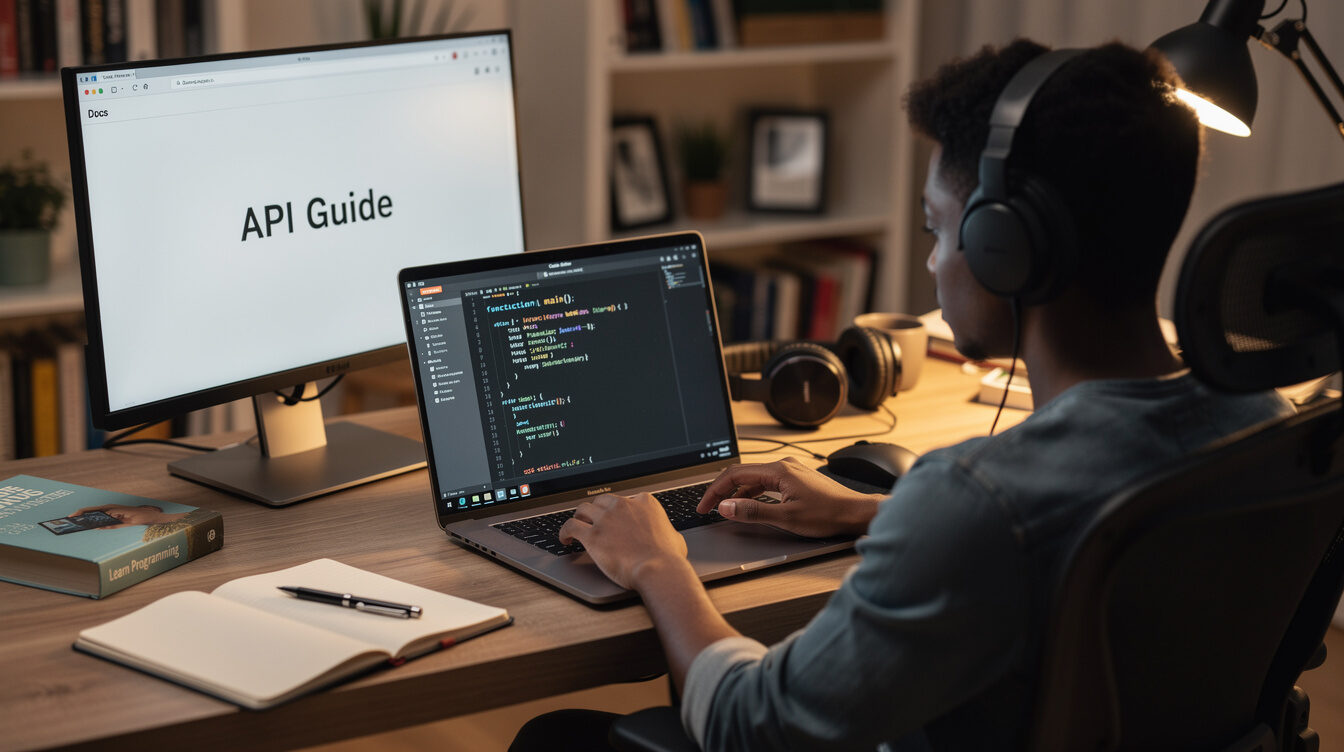 programmer typing code on laptop