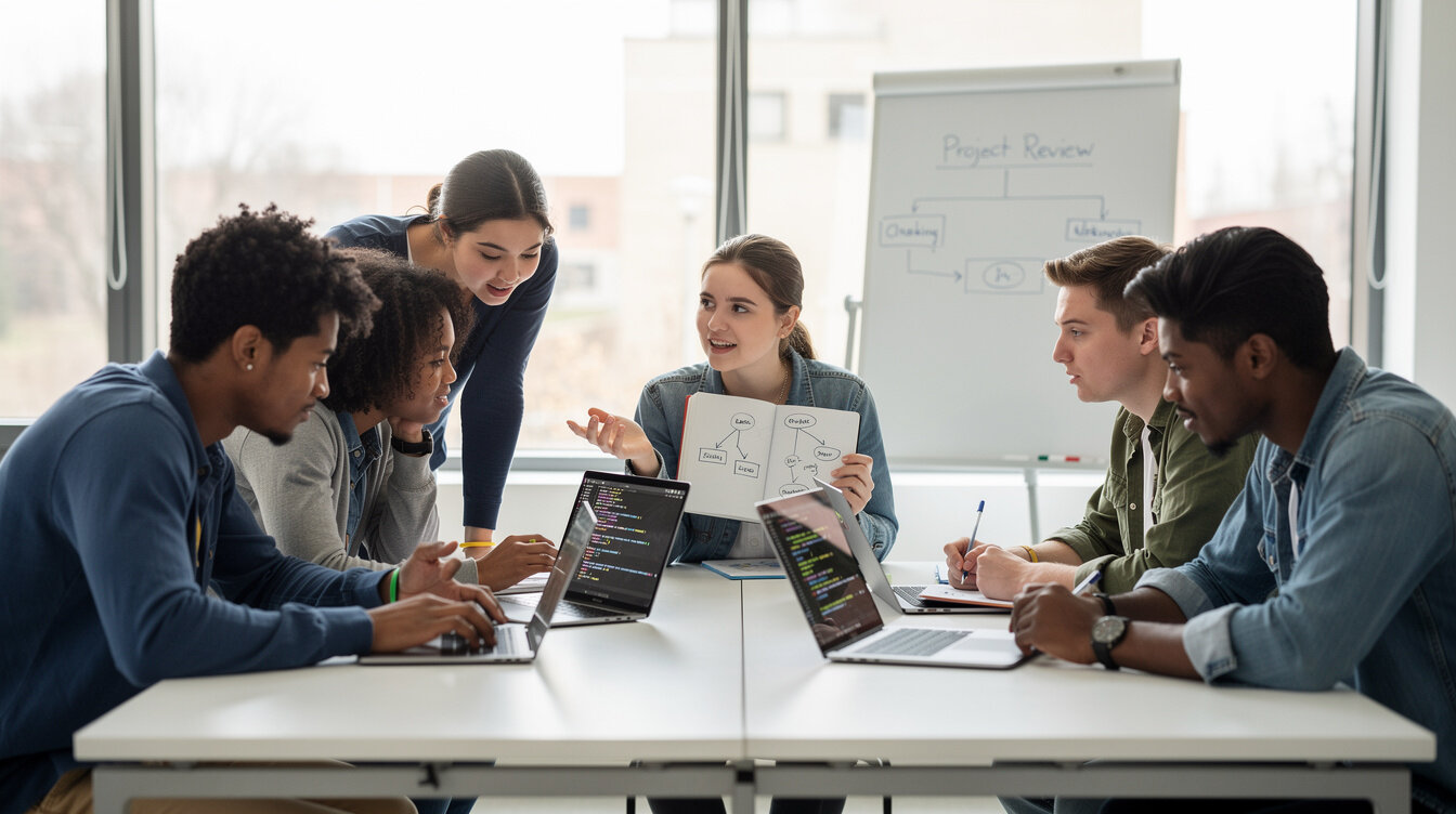 group of students discussing code