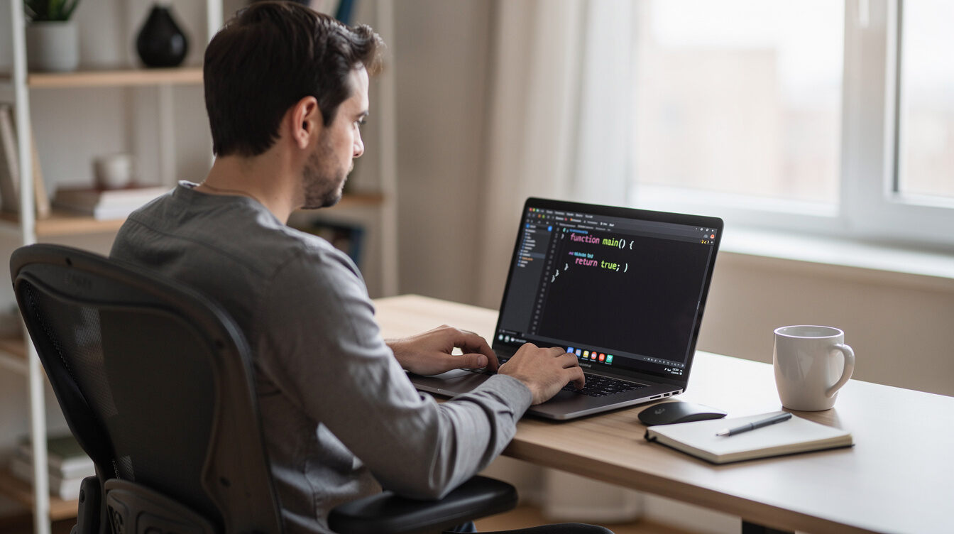 person coding on laptop at desk