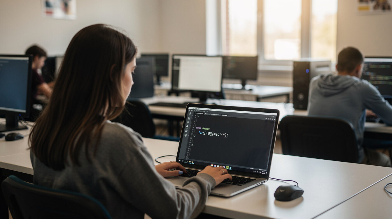 student coding at desk