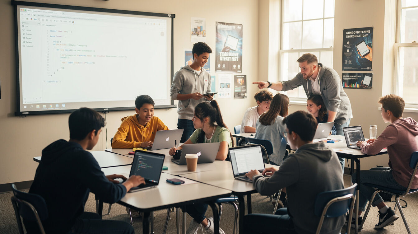 students learning coding in english class
