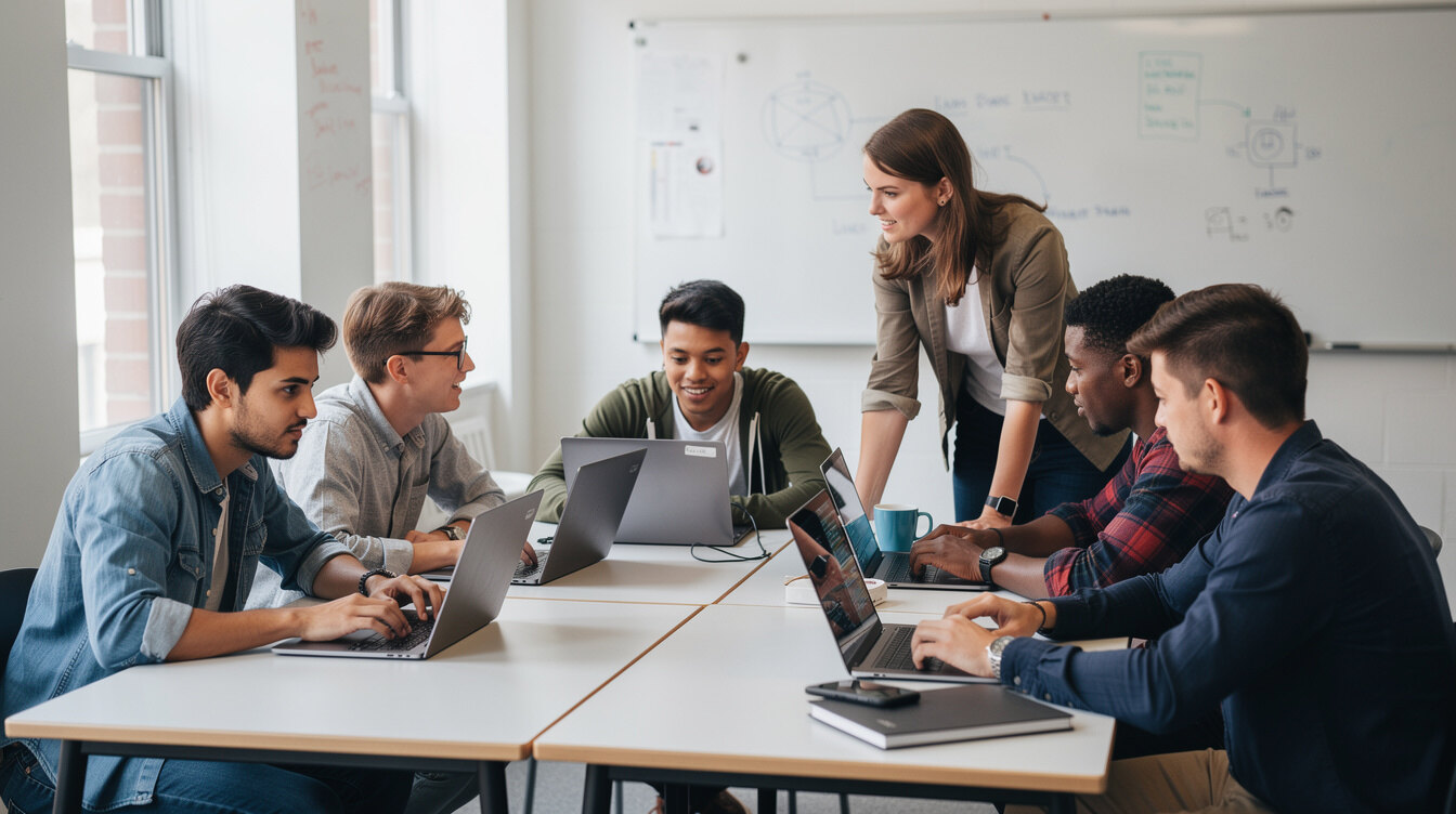 students coding together in classroom