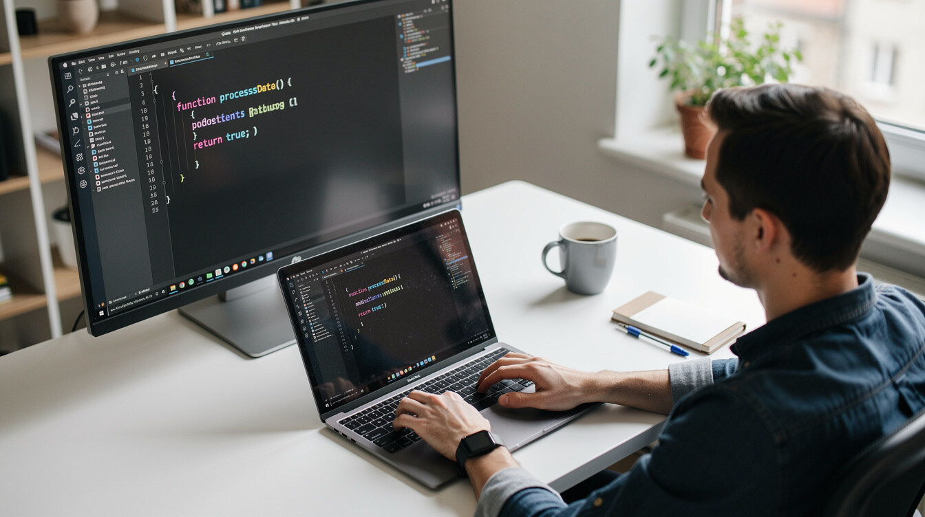 person writing code on laptop