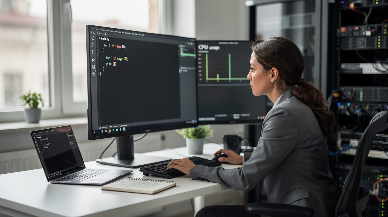woman reviewing code on monitor