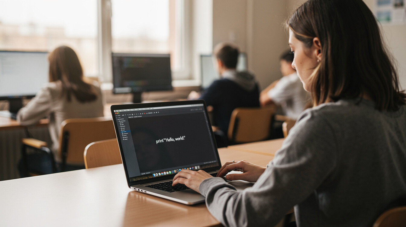 student coding at desk