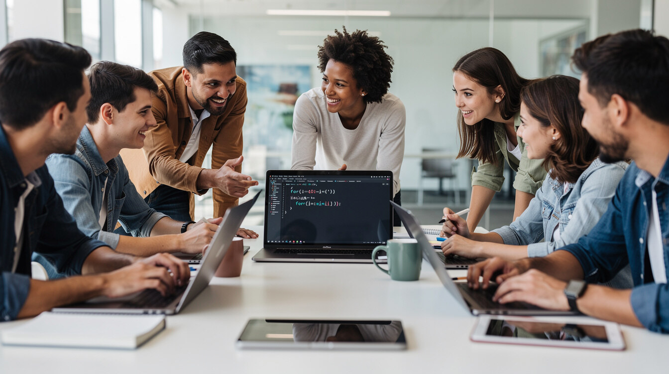 group of students discussing code