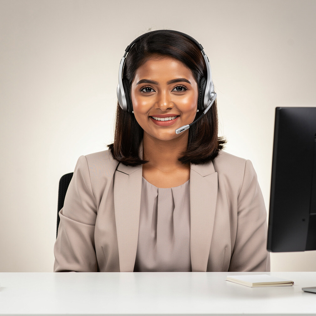 Friendly support staff member wearing a headset at a help desk